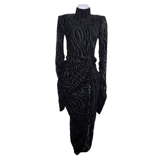 PrettyLittleThing Dresses & Skirts - PrettyLittleThing Black Velvet Zebra Devore High Neck Draped Midi Dress 0